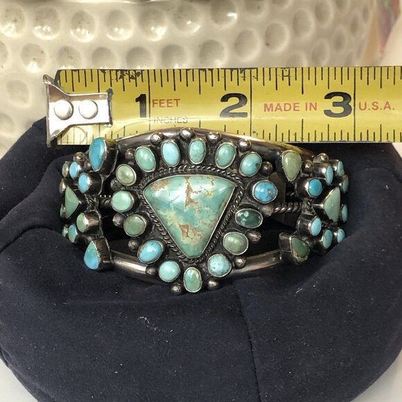 Navajo Indian 70 grams Sterling Silver Turquoise Cluster Bracelet Signed - Picture 14 of 16